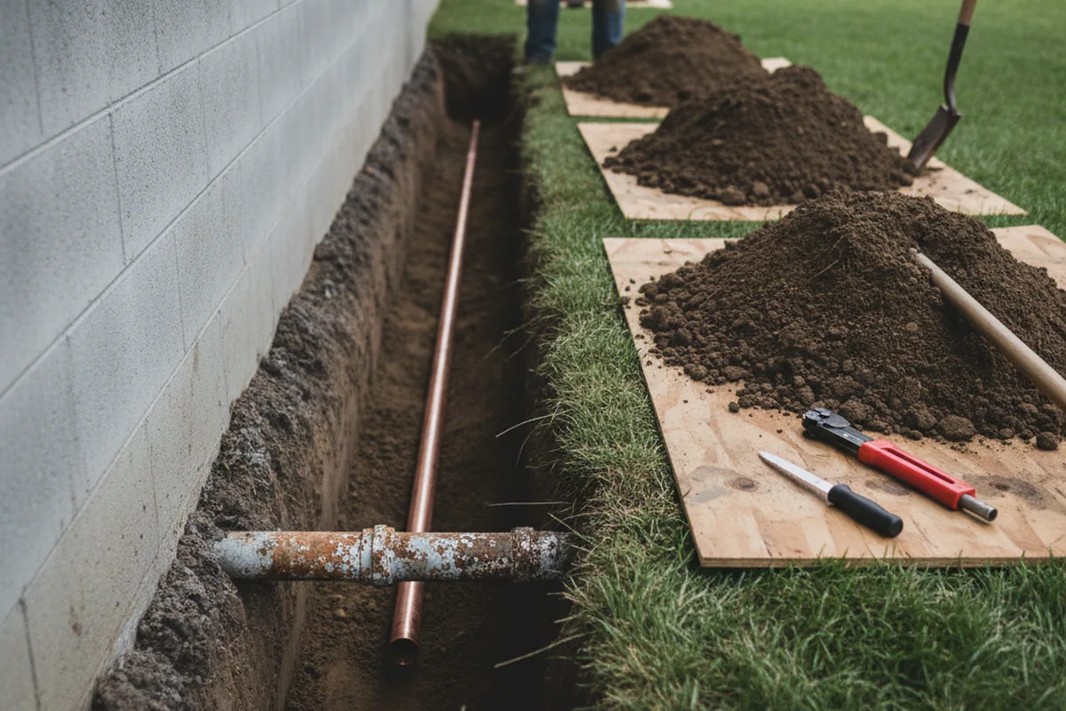 Excavated water line trench during Sewer Line Repair in Ayden